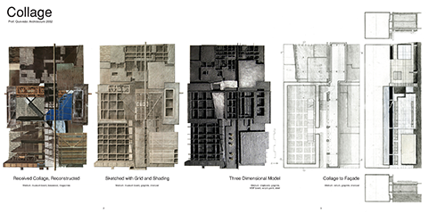 Three dimensional interpretation of two dimensional collage, flattened to form a façade.