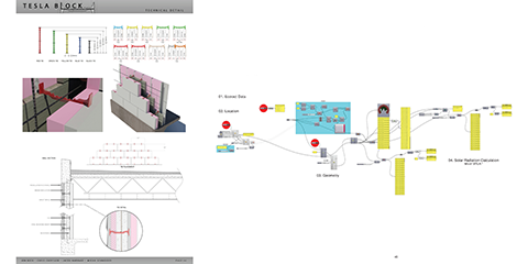 A typical CMU assembly is modified to use plastic bridging in lieu of the web.  Galapagos used in conjunction with Grasshopper permitted a shading analysis of various forms.  When use together, it is expected that thermal radiation can be reduced between the exterior and interior surfaces.