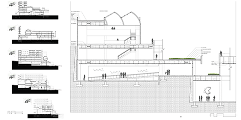 This section illustrates Le Corbusier's five points of Architecture: Pilotis, absence of load bearing walls, free façade, horizontal window, and roof garden.